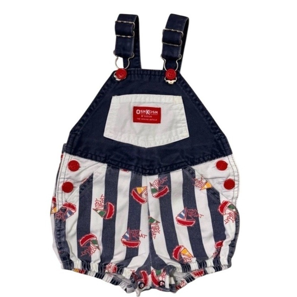 VTG 90s OshKosh B'Gosh Vestbak 18 Mon Stripe Sailboat Bubble Romper Shortalls